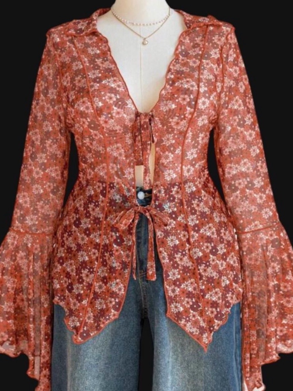 Rust Floral Tie-Front Peasant Blouse